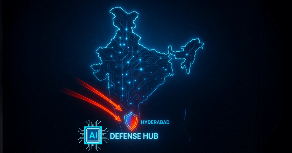 Map of India showing Hyderabad as the AI Defense Hub with glowing shield and arrows representing cyber threats being blocked.
