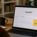 Over-the-shoulder view of a person using ChatGPT on a laptop, with a visible yellow Sponsored label on the interface.