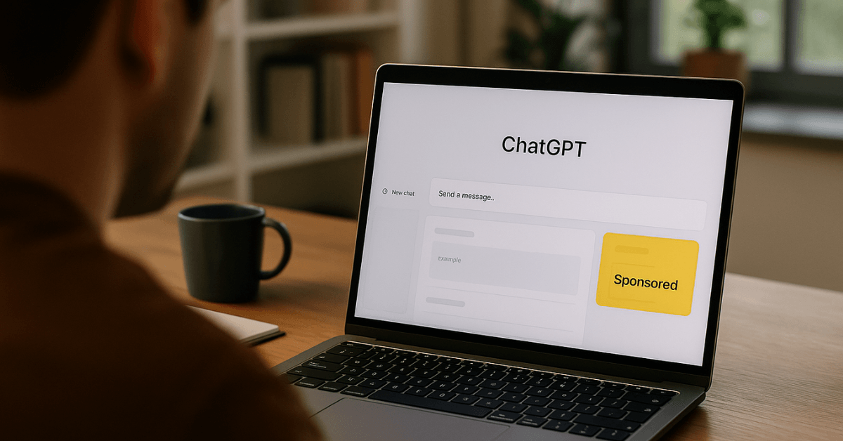 Over-the-shoulder view of a person using ChatGPT on a laptop, with a visible yellow Sponsored label on the interface.
