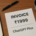 A ₹1999 ChatGPT Plus invoice placed on a wooden desk alongside blog notes, pen, coffee mug, and tablet analytics