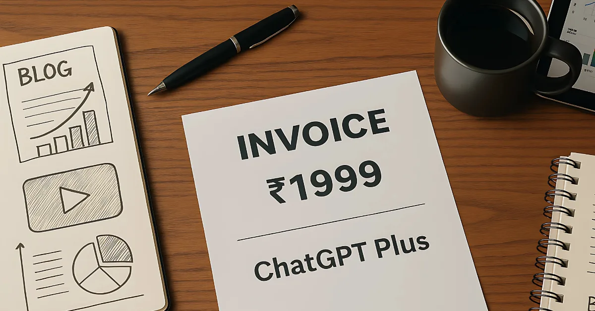 A ₹1999 ChatGPT Plus invoice placed on a wooden desk alongside blog notes, pen, coffee mug, and tablet analytics