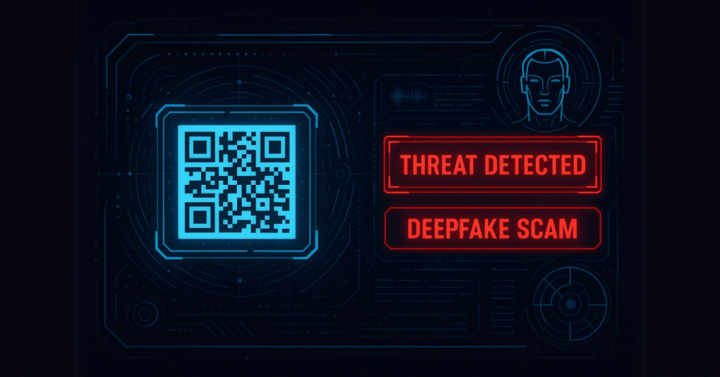Futuristic AI interface scanning a QR code and flagging a deepfake scam with red alerts.