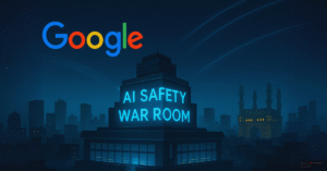 Google AI Safety War Room building in Hyderabad with Charminar in the background, symbolizing India’s digital defense initiative.