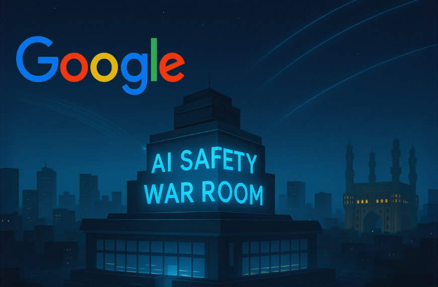 Google AI Safety War Room building in Hyderabad with Charminar in the background, symbolizing India’s digital defense initiative.
