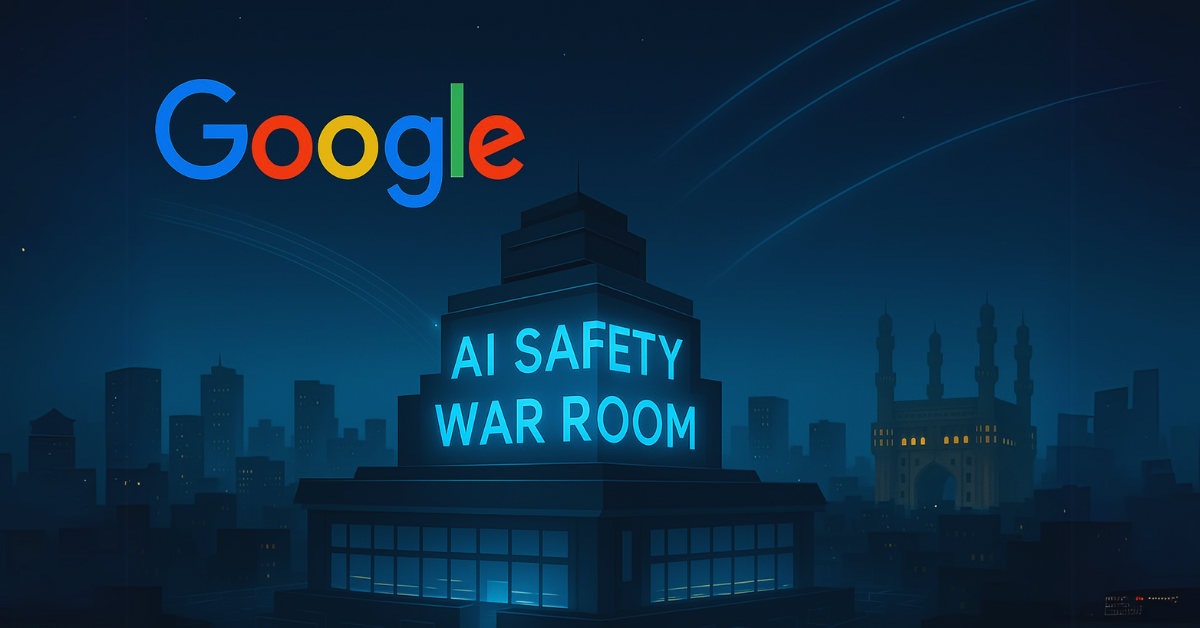 Google AI Safety War Room building in Hyderabad with Charminar in the background, symbolizing India’s digital defense initiative.