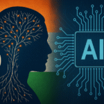 Digital illustration of a human silhouette with a brain made of circuits and India’s tricolor, representing India’s emergence in AI technology.