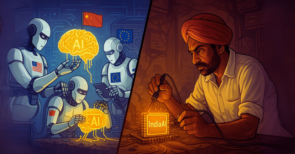 Digital illustration showing Indian engineer wiring an AI chip labeled 'IndiaAI' in a dusty server room, contrasted with sleek robots from the US, China, and EU building AI brains.