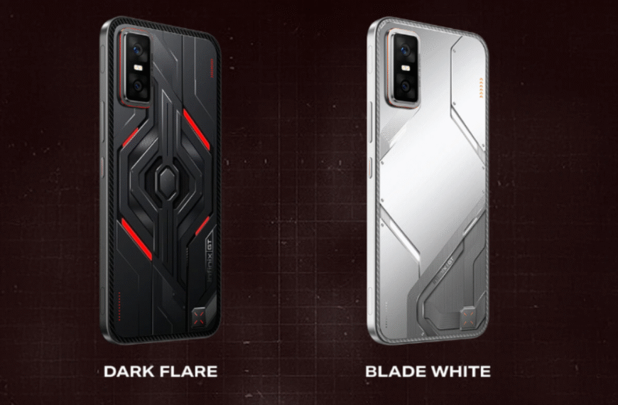 Infinix GT 30 Pro in Dark Flare and Blade White color options showcasing futuristic rear panel design