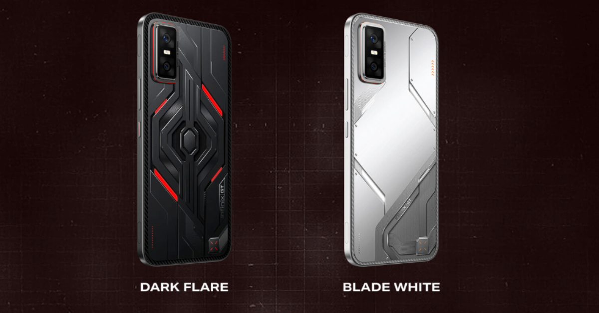 Infinix GT 30 Pro in Dark Flare and Blade White color options showcasing futuristic rear panel design