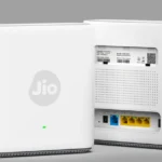 Close-up of Jio AX6000 WiFi 6 Router showing front and back view with LAN and Ethernet ports