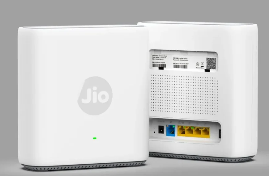 Close-up of Jio AX6000 WiFi 6 Router showing front and back view with LAN and Ethernet ports