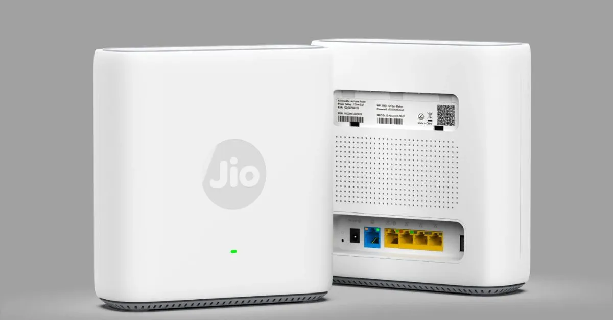 Close-up of Jio AX6000 WiFi 6 Router showing front and back view with LAN and Ethernet ports