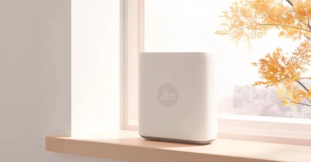 Jio AX6000 WiFi 6 Router placed on a wooden windowsill with soft daylight and autumn leaves outside