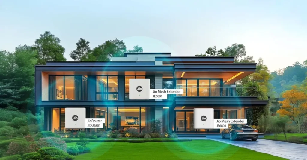 Modern smart home with Jio AX6000 router and mesh extenders providing whole-house WiFi coverage