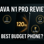 Photorealistic digital thumbnail of the Lava N1 Pro smartphone glowing with "120Hz" on screen, surrounded by floating icons for 5000mAh battery, 50MP camera, and ₹6,799 price. Bold white text says "Lava N1 Pro Review" with yellow subtext: "Best Budget Phone?"