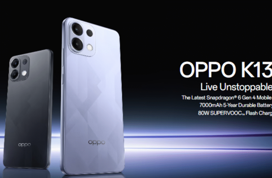 Oppo K13x 5G in Midnight Violet and Sunset Peach color options showcased with glowing edge lighting