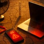 Smartphone and laptop overheating under intense Indian summer heat with heatwaves, fan, and melting case.