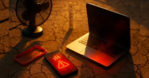 Smartphone and laptop overheating under intense Indian summer heat with heatwaves, fan, and melting case.