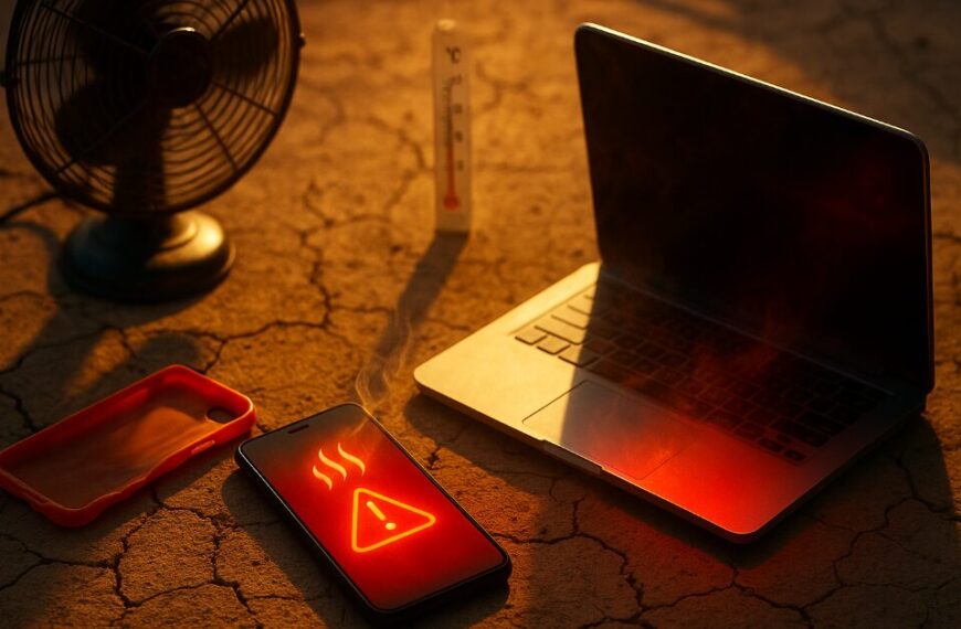Smartphone and laptop overheating under intense Indian summer heat with heatwaves, fan, and melting case.