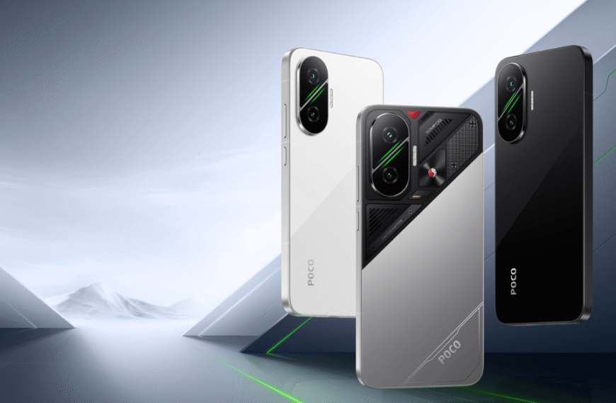 POCO F7 5G in Cyber Silver, Phantom Black, and Frost White with flagship design and dual-camera setup.