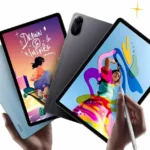 Redmi Pad 2 tablets in blue and grey with stylus, showing colorful creative artwork on display