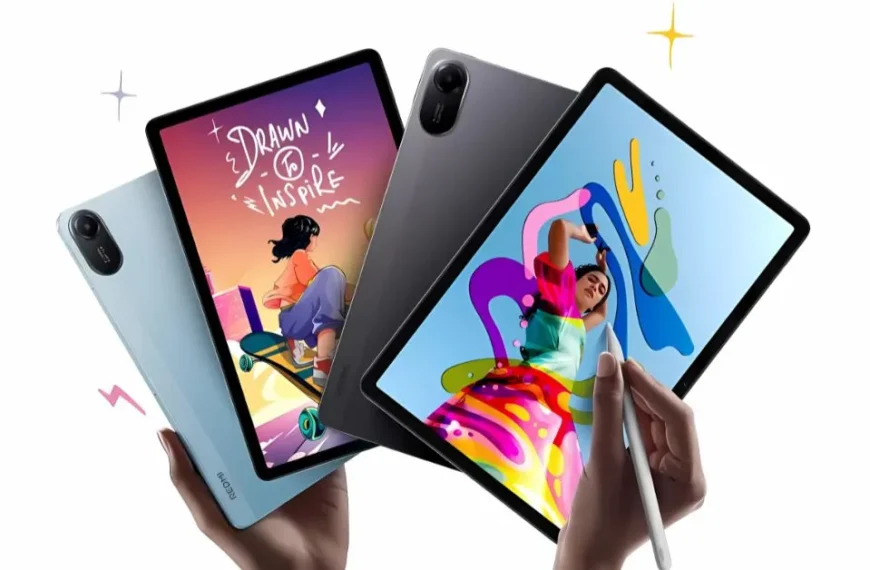 Redmi Pad 2 tablets in blue and grey with stylus, showing colorful creative artwork on display