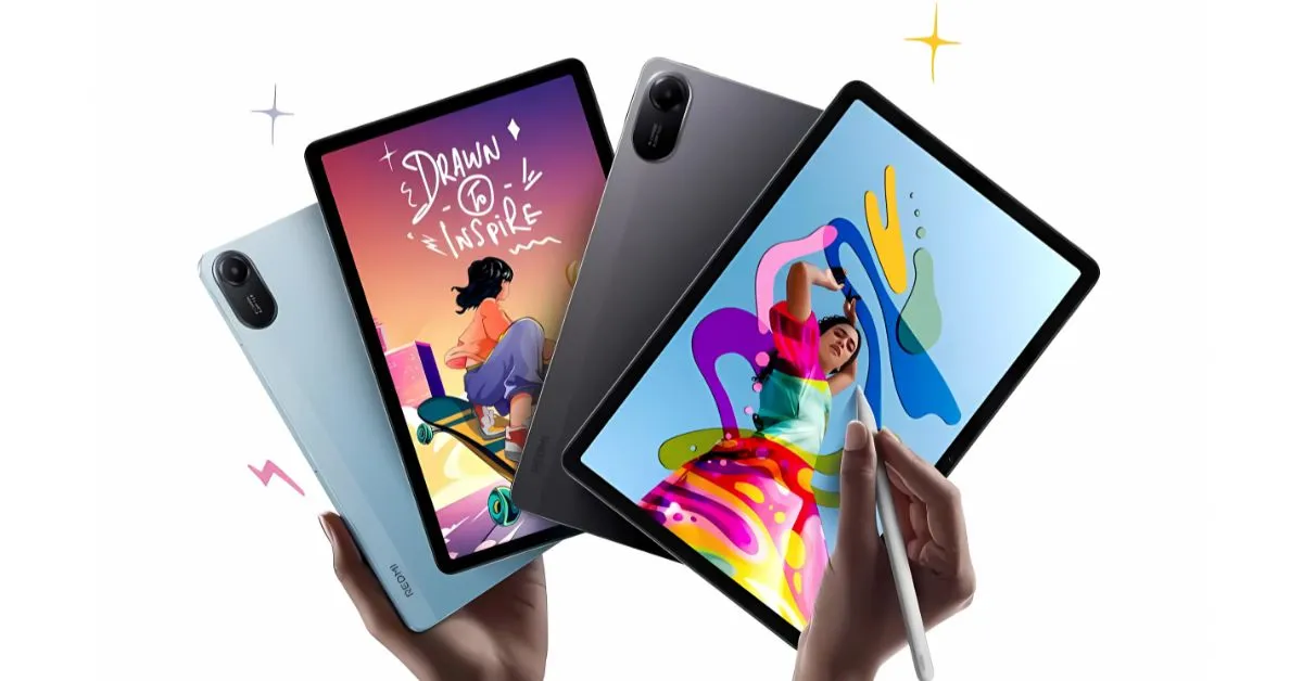 Redmi Pad 2 tablets in blue and grey with stylus, showing colorful creative artwork on display