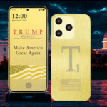 A gold Trump T1 smartphone displayed with its front and back design visible, set against a dramatic nighttime backdrop of the White House and Capitol building under stormy skies. The screen shows "Trump Mobile" with the slogan "Make America Great Again."