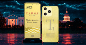A gold Trump T1 smartphone displayed with its front and back design visible, set against a dramatic nighttime backdrop of the White House and Capitol building under stormy skies. The screen shows "Trump Mobile" with the slogan "Make America Great Again."