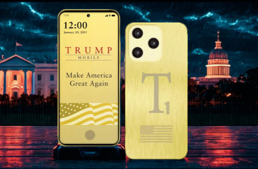 A gold Trump T1 smartphone displayed with its front and back design visible, set against a dramatic nighttime backdrop of the White House and Capitol building under stormy skies. The screen shows "Trump Mobile" with the slogan "Make America Great Again."