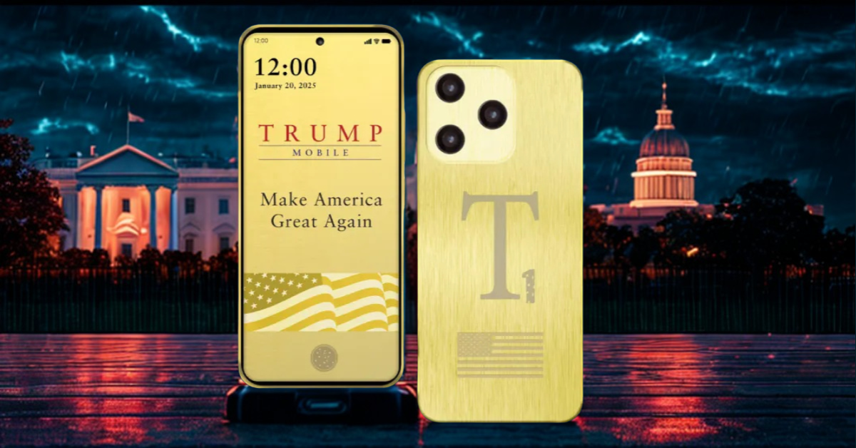 A gold Trump T1 smartphone displayed with its front and back design visible, set against a dramatic nighttime backdrop of the White House and Capitol building under stormy skies. The screen shows "Trump Mobile" with the slogan "Make America Great Again."