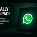 A cinematic digital illustration of a glowing Apple iPad on a modern desk in a dark room, displaying a large WhatsApp logo. A faded wall calendar behind shows "15 Years," with dramatic green lighting illuminating the scene.