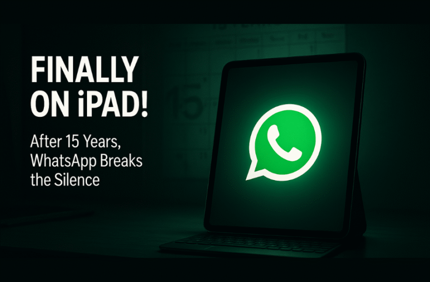 A cinematic digital illustration of a glowing Apple iPad on a modern desk in a dark room, displaying a large WhatsApp logo. A faded wall calendar behind shows "15 Years," with dramatic green lighting illuminating the scene.