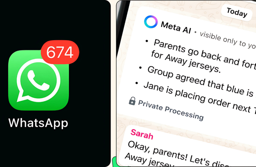 WhatsApp AI Summaries feature showing Meta AI chat recap and unread message badge