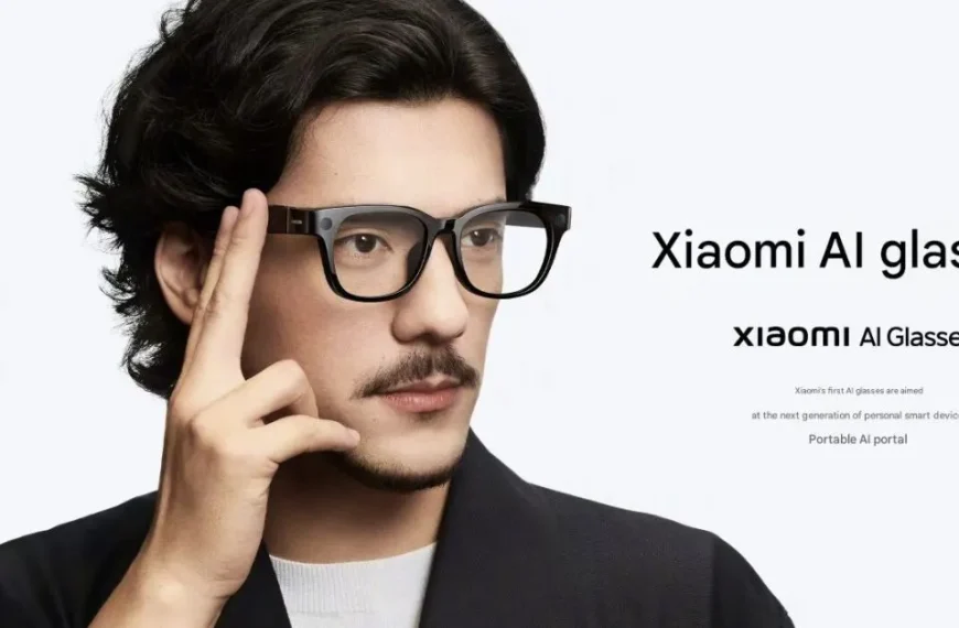 Official promo image of Xiaomi AI Glasses with man tapping the frame to activate XiaoAi assistant