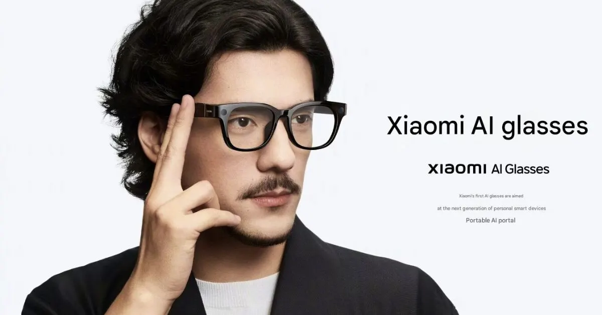 Official promo image of Xiaomi AI Glasses with man tapping the frame to activate XiaoAi assistant