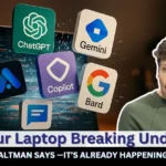 Laptop screen exploding with AI icons like ChatGPT, Gemini, and Copilot, as Sam Altman warns about hardware limitations.