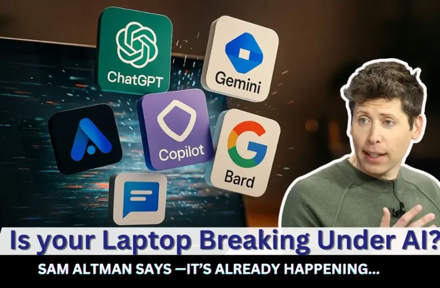 Laptop screen exploding with AI icons like ChatGPT, Gemini, and Copilot, as Sam Altman warns about hardware limitations.