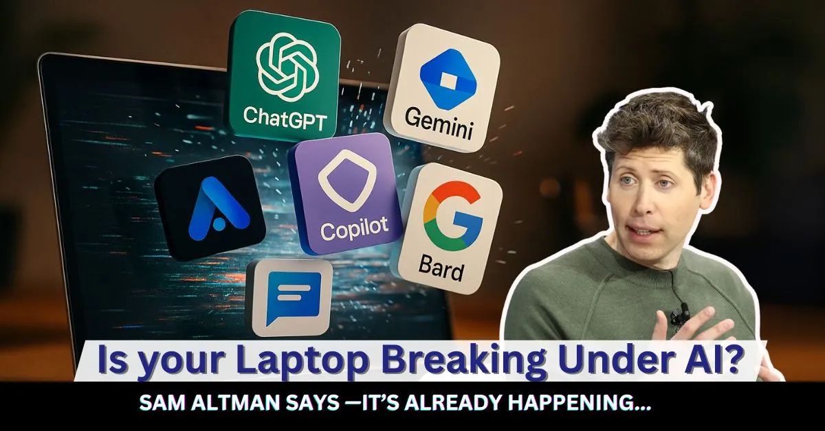 Laptop screen exploding with AI icons like ChatGPT, Gemini, and Copilot, as Sam Altman warns about hardware limitations.