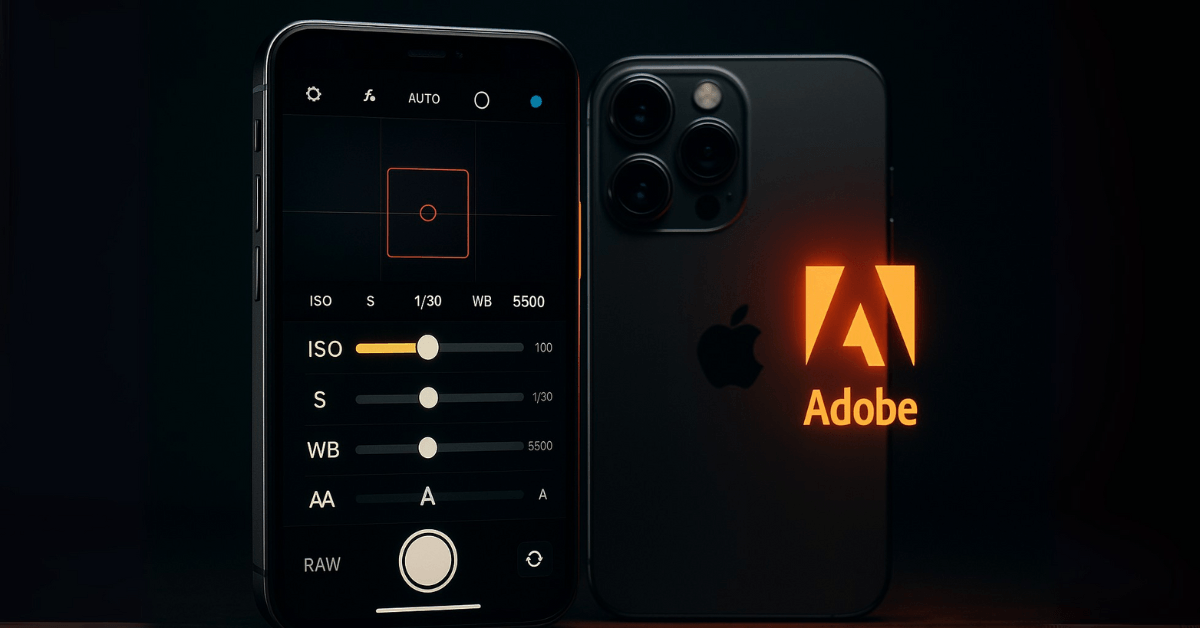 IPhone 15 Pro showing Adobe Project Indigo camera controls.