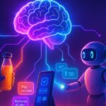 A glowing AI brain hovering mid-air, connected by neon circuits to smart objects like a smartphone, kitchen robot handing juice, EV scooter, and digital wall interface, with one beam activating a device in a cinematic sci-fi setting