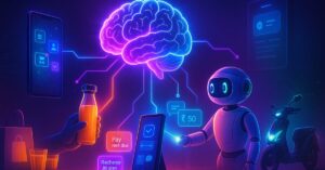A glowing AI brain hovering mid-air, connected by neon circuits to smart objects like a smartphone, kitchen robot handing juice, EV scooter, and digital wall interface, with one beam activating a device in a cinematic sci-fi setting