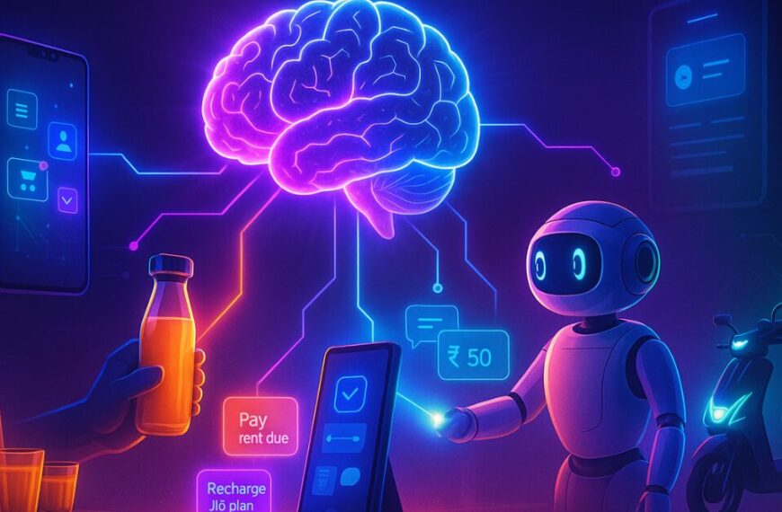 A glowing AI brain hovering mid-air, connected by neon circuits to smart objects like a smartphone, kitchen robot handing juice, EV scooter, and digital wall interface, with one beam activating a device in a cinematic sci-fi setting