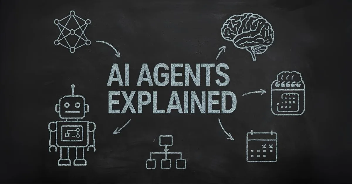 A chalkboard-style illustration with “AI Agents Explained” written in bold white chalk, surrounded by doodles of a robot, neural network, brain, calendar, and data flowchart connected by arrows