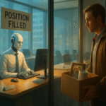 A humanoid robot works at a desk inside an office while a laid-off human watches from outside holding a box of belongings