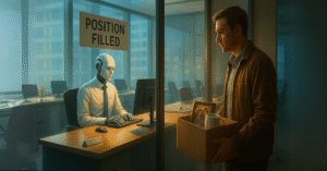 A humanoid robot works at a desk inside an office while a laid-off human watches from outside holding a box of belongings