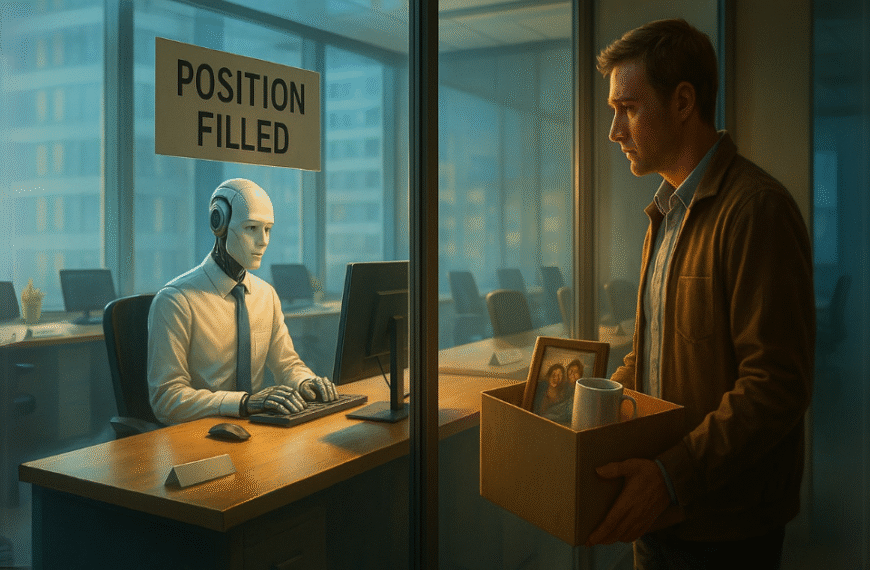 A humanoid robot works at a desk inside an office while a laid-off human watches from outside holding a box of belongings