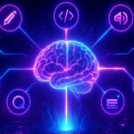 Futuristic AI brain in a neon-lit command center with floating abstract icons representing AI tools
