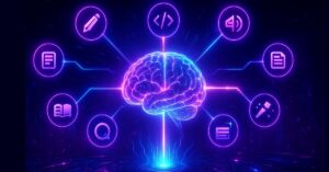 Futuristic AI brain in a neon-lit command center with floating abstract icons representing AI tools