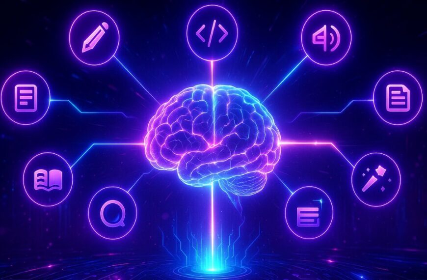 Futuristic AI brain in a neon-lit command center with floating abstract icons representing AI tools